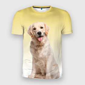 Мужская футболка 3D Slim с принтом Лабрадор ретривер пес в Новосибирске, 100% полиэстер с улучшенными характеристиками | приталенный силуэт, круглая горловина, широкие плечи, сужается к линии бедра | домашние любимцы | друг | животные | золотистый ретривер | лабрадор | пес | питомец | породистый | собака