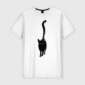 Мужская футболка хлопок Slim с принтом черный кот тушью в Тюмени, 92% хлопок, 8% лайкра | приталенный силуэт, круглый вырез ворота, длина до линии бедра, короткий рукав | длинный | домашние любимцы | друг | животные | кот | котик | краска | питомец | рисунок | трубой | тушь | хвост | черный