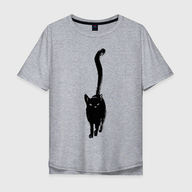 Мужская футболка хлопок Oversize с принтом черный кот тушью в Курске, 100% хлопок | свободный крой, круглый ворот, “спинка” длиннее передней части | длинный | домашние любимцы | друг | животные | кот | котик | краска | питомец | рисунок | трубой | тушь | хвост | черный