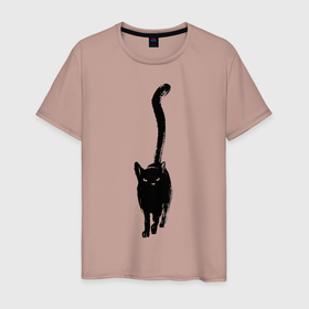 Мужская футболка хлопок с принтом черный кот тушью в Петрозаводске, 100% хлопок | прямой крой, круглый вырез горловины, длина до линии бедер, слегка спущенное плечо. | длинный | домашние любимцы | друг | животные | кот | котик | краска | питомец | рисунок | трубой | тушь | хвост | черный