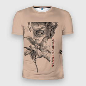Мужская футболка 3D Slim с принтом смотри .. в Тюмени, 100% полиэстер с улучшенными характеристиками | приталенный силуэт, круглая горловина, широкие плечи, сужается к линии бедра | tatoo | ботаника | давид | луна | скульптура | тату | тренд | цветок