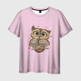 Мужская футболка 3D с принтом Сова в любви в Санкт-Петербурге, 100% полиэфир | прямой крой, круглый вырез горловины, длина до линии бедер | волшебная сова | сова | сова умная | совы на ветке