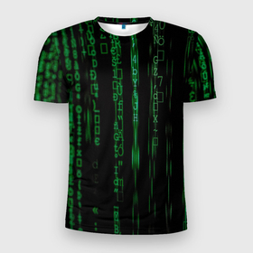 Мужская футболка 3D спортивная с принтом Матрица букв и чисел в Санкт-Петербурге, 100% полиэстер с улучшенными характеристиками | приталенный силуэт, круглая горловина, широкие плечи, сужается к линии бедра | green | движение букв и цифр | киберпространство | матрица | много букв и чисел