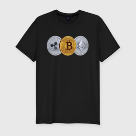Мужская футболка хлопок Slim с принтом БИТКОИН ЭФИРИУМ РИПЛ в Екатеринбурге, 92% хлопок, 8% лайкра | приталенный силуэт, круглый вырез ворота, длина до линии бедра, короткий рукав | Тематика изображения на принте: bitcoin | blockchain | btc | cardano | crypto | ethereum | polkadot | tether | xrp | бинанс | биткоин | блокчейн | валюта | деньги | криптовалюта | майнер | майнинг | цифровая валюта | цифровое золото | эфир