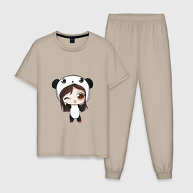 Мужская пижама хлопок с принтом Девочка в костюме панды , 100% хлопок | брюки и футболка прямого кроя, без карманов, на брюках мягкая резинка на поясе и по низу штанин
 | аниме | анимешная | девочка | кавай | костюм | малышка | няша | панда | пижама | подмигивает | рисунок | чиби