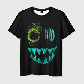 Мужская футболка 3D с принтом Неоновый Монстр в Петрозаводске, 100% полиэфир | прямой крой, круглый вырез горловины, длина до линии бедер | crazy | dark | darkness | monster | neon | демон | злая | злой | зубастый | зубы | минимализм | монстр | неон | неоновый | смайл | смайлик | улыбка
