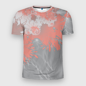 Мужская футболка 3D Slim с принтом Абстракция. Коралловый и серый. 537 1. в Курске, 100% полиэстер с улучшенными характеристиками | приталенный силуэт, круглая горловина, широкие плечи, сужается к линии бедра | burnt coral | абстракция | коралловый | серый | фрактал