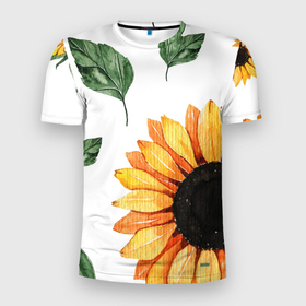 Мужская футболка 3D Slim с принтом Подсолнухи в Новосибирске, 100% полиэстер с улучшенными характеристиками | приталенный силуэт, круглая горловина, широкие плечи, сужается к линии бедра | лето | подсолнухи | цветочный принт | цветы