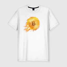 Мужская футболка хлопок Slim с принтом БИТКОИН ОГОНЬ (ВВЕРХ)  в Белгороде, 92% хлопок, 8% лайкра | приталенный силуэт, круглый вырез ворота, длина до линии бедра, короткий рукав | bitcoin | blockchain | btc | cardano | crypto | ethereum | polkadot | tether | xrp | бинанс | биткоин | блокчейн | валюта | деньги | криптовалюта | майнер | майнинг | цифровая валюта | цифровое золото | эфир