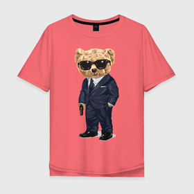 Мужская футболка хлопок Oversize с принтом Мишка шпион в Тюмени, 100% хлопок | свободный крой, круглый ворот, “спинка” длиннее передней части | агент | костюм | крутой | мишка | очки | пистолет | плюшевый | смокинг | шпион