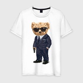 Мужская футболка хлопок с принтом Мишка шпион в Санкт-Петербурге, 100% хлопок | прямой крой, круглый вырез горловины, длина до линии бедер, слегка спущенное плечо. | агент | костюм | крутой | мишка | очки | пистолет | плюшевый | смокинг | шпион