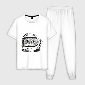 Мужская пижама хлопок с принтом Кот космонавт в Новосибирске, 100% хлопок | брюки и футболка прямого кроя, без карманов, на брюках мягкая резинка на поясе и по низу штанин
 | астронавт | космонавт | космос | костюм | кот | кошка | скафандр | хипстер | шлем