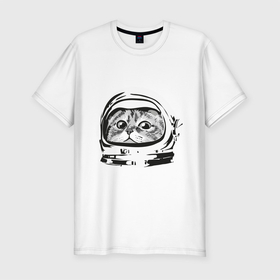 Мужская футболка хлопок Slim с принтом Кот космонавт в Новосибирске, 92% хлопок, 8% лайкра | приталенный силуэт, круглый вырез ворота, длина до линии бедра, короткий рукав | астронавт | космонавт | космос | костюм | кот | кошка | скафандр | хипстер | шлем