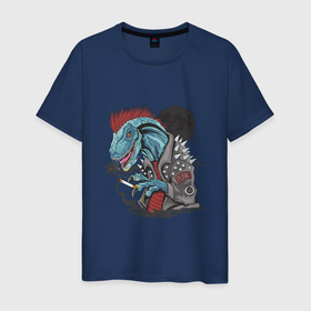 Мужская футболка хлопок с принтом Динозавр панк в Петрозаводске, 100% хлопок | прямой крой, круглый вырез горловины, длина до линии бедер, слегка спущенное плечо. | динозавр | ирокез | куртка | луна | панк | рок | хипстер