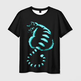 Мужская футболка 3D с принтом ВОЛШЕБНЫЙ КОТ в Петрозаводске, 100% полиэфир | прямой крой, круглый вырез горловины, длина до линии бедер | black | blue | cat | fairytale | neon | pussy | домашние | животные | звери | кот | котэ | кошка | неон | синий | сказка | черный | чешир