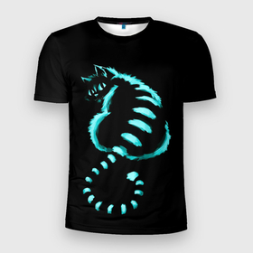 Мужская футболка 3D спортивная с принтом ВОЛШЕБНЫЙ КОТ в Екатеринбурге, 100% полиэстер с улучшенными характеристиками | приталенный силуэт, круглая горловина, широкие плечи, сужается к линии бедра | black | blue | cat | fairytale | neon | pussy | домашние | животные | звери | кот | котэ | кошка | неон | синий | сказка | черный | чешир