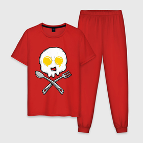 Мужская пижама хлопок с принтом Череп яичница в Екатеринбурге, 100% хлопок | брюки и футболка прямого кроя, без карманов, на брюках мягкая резинка на поясе и по низу штанин
 | вилка | еда | завтрак | ложка | пиратский | флаг | череп | яичница | яйца