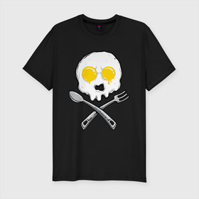 Мужская футболка хлопок Slim с принтом Череп яичница в Курске, 92% хлопок, 8% лайкра | приталенный силуэт, круглый вырез ворота, длина до линии бедра, короткий рукав | вилка | еда | завтрак | ложка | пиратский | флаг | череп | яичница | яйца