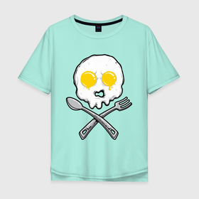 Мужская футболка хлопок Oversize с принтом Череп яичница в Санкт-Петербурге, 100% хлопок | свободный крой, круглый ворот, “спинка” длиннее передней части | вилка | еда | завтрак | ложка | пиратский | флаг | череп | яичница | яйца
