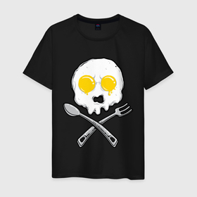 Мужская футболка хлопок с принтом Череп яичница в Кировске, 100% хлопок | прямой крой, круглый вырез горловины, длина до линии бедер, слегка спущенное плечо. | Тематика изображения на принте: вилка | еда | завтрак | ложка | пиратский | флаг | череп | яичница | яйца