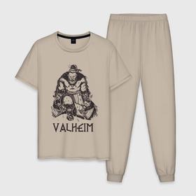 Мужская пижама хлопок с принтом Valheim Викинг Берсерк в Екатеринбурге, 100% хлопок | брюки и футболка прямого кроя, без карманов, на брюках мягкая резинка на поясе и по низу штанин
 | Тематика изображения на принте: axe | berserk | berserker | nord | ragnarok | viking | vikings | warrior | берсеркер | валькирия | викинги | воин | мифология | норд | норман | норманн | один | рагнар | рагнарок | руна | руны | русич | русь | с топором | скандинавия