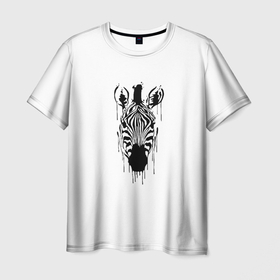 Мужская футболка 3D с принтом Зебра минимализм в Кировске, 100% полиэфир | прямой крой, круглый вырез горловины, длина до линии бедер | animal | beast | black | minimalism | white | zebra | белое | животное | зверь | зебра | краски | минимализм | чернила | черно белое | черное