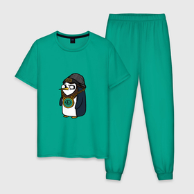 Мужская пижама хлопок с принтом Крутой Пингвин в Петрозаводске, 100% хлопок | брюки и футболка прямого кроя, без карманов, на брюках мягкая резинка на поясе и по низу штанин
 | бастард | крутой пингвин | пингвин | рисунок | хулиган