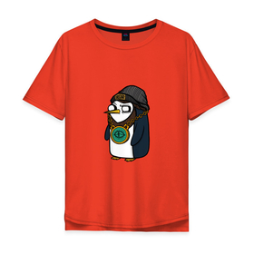 Мужская футболка хлопок Oversize с принтом Крутой Пингвин в Петрозаводске, 100% хлопок | свободный крой, круглый ворот, “спинка” длиннее передней части | бастард | крутой пингвин | пингвин | рисунок | хулиган