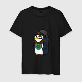 Мужская футболка хлопок с принтом Крутой Пингвин в Белгороде, 100% хлопок | прямой крой, круглый вырез горловины, длина до линии бедер, слегка спущенное плечо. | бастард | крутой пингвин | пингвин | рисунок | хулиган