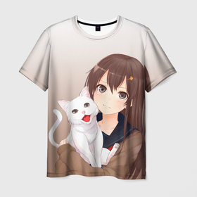 Мужская футболка 3D с принтом Девочка и белый кот аниме , 100% полиэфир | прямой крой, круглый вырез горловины, длина до линии бедер | аниме | белый котенок | градиент | девочка | девушка | детский | кавай | кот | кошка | манга | мило | мультяшный | персонаж | рисунок