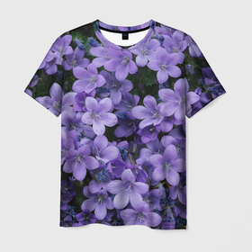 Мужская футболка 3D с принтом Фиолетовый цвет весны в Екатеринбурге, 100% полиэфир | прямой крой, круглый вырез горловины, длина до линии бедер | art | casual | весенний | весна | градиент | зелень | растения | структура | текстура | цветы