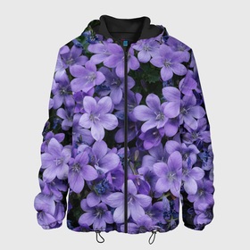Мужская куртка 3D с принтом Фиолетовый цвет весны в Новосибирске, ткань верха — 100% полиэстер, подклад — флис | прямой крой, подол и капюшон оформлены резинкой с фиксаторами, два кармана без застежек по бокам, один большой потайной карман на груди. Карман на груди застегивается на липучку | art | casual | весенний | весна | градиент | зелень | растения | структура | текстура | цветы