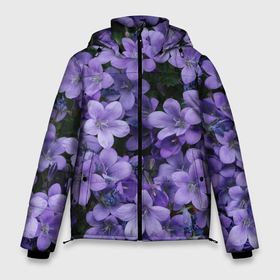 Мужская зимняя куртка 3D с принтом Фиолетовый цвет весны в Кировске, верх — 100% полиэстер; подкладка — 100% полиэстер; утеплитель — 100% полиэстер | длина ниже бедра, свободный силуэт Оверсайз. Есть воротник-стойка, отстегивающийся капюшон и ветрозащитная планка. 

Боковые карманы с листочкой на кнопках и внутренний карман на молнии. | Тематика изображения на принте: art | casual | весенний | весна | градиент | зелень | растения | структура | текстура | цветы