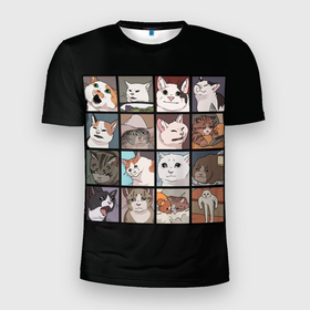 Мужская футболка 3D Slim с принтом Коты и кошки в Кировске, 100% полиэстер с улучшенными характеристиками | приталенный силуэт, круглая горловина, широкие плечи, сужается к линии бедра | cat | cats | cosmos | kitten | mem | memes | rose | roses | глаза | глазки | киска | космос | кот | котёнок | котик | котики | котэ | котята | кошак | кошка | кошки | красивая | мем | мемчики | милая | прикольная | розы | светлая