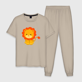 Мужская пижама хлопок с принтом Львенок в Курске, 100% хлопок | брюки и футболка прямого кроя, без карманов, на брюках мягкая резинка на поясе и по низу штанин
 | Тематика изображения на принте: animal | beast | cat | cute | fluffy | hunter | lion | lion cub | lion king | mane | predator | red | tail | yellow | большая кошка | грива | желтый | животное | зверь | король лев | кот | лев | лёвушка | львенок | милый | охотник | пушистый 