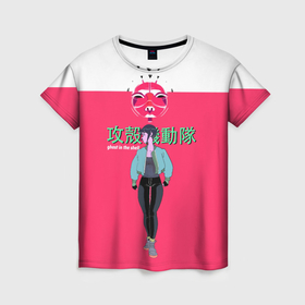 Женская футболка 3D с принтом Призрак в доспехах на розовом в Санкт-Петербурге, 100% полиэфир ( синтетическое хлопкоподобное полотно) | прямой крой, круглый вырез горловины, длина до линии бедер | anime | cyberpunk | ghost in the shell | аниме | анимэ | гост ин зэ шелл | киберпанк | мотоко кусанаги | призрак в доспехах | япония