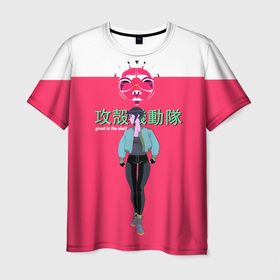 Мужская футболка 3D с принтом Призрак в доспехах на розовом в Тюмени, 100% полиэфир | прямой крой, круглый вырез горловины, длина до линии бедер | anime | cyberpunk | ghost in the shell | аниме | анимэ | гост ин зэ шелл | киберпанк | мотоко кусанаги | призрак в доспехах | япония