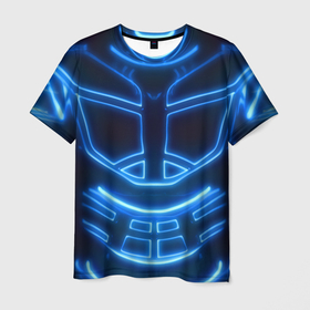 Мужская футболка 3D с принтом Неоновая броня | Neon Armor в Новосибирске, 100% полиэфир | прямой крой, круглый вырез горловины, длина до линии бедер | cyberpunk 2077 | абстракция | броня | неон | синяя | текстура | трон
