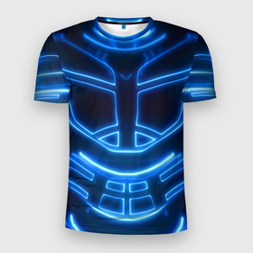 Мужская футболка 3D Slim с принтом Неоновая броня | Neon Armor , 100% полиэстер с улучшенными характеристиками | приталенный силуэт, круглая горловина, широкие плечи, сужается к линии бедра | cyberpunk 2077 | абстракция | броня | неон | синяя | текстура | трон