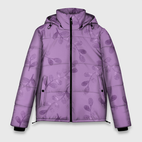 Мужская зимняя куртка 3D с принтом Листья на фиолетовом фоне в Кировске, верх — 100% полиэстер; подкладка — 100% полиэстер; утеплитель — 100% полиэстер | длина ниже бедра, свободный силуэт Оверсайз. Есть воротник-стойка, отстегивающийся капюшон и ветрозащитная планка. 

Боковые карманы с листочкой на кнопках и внутренний карман на молнии. | 8 марта | flowers | march 8 | spring | ботаническая иллюстрация | весна | день рождения | лето | листья | любовь | праздник | принт | природа | растения | фиолетовый