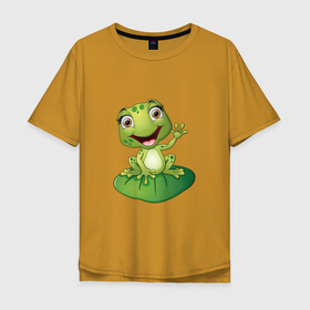 Мужская футболка хлопок Oversize с принтом Лягушка на кувшинке в Рязани, 100% хлопок | свободный крой, круглый ворот, “спинка” длиннее передней части | животное | кувшинка | лягушка | лягушка на кувшинке | лягушонок | минимализм | рисунок