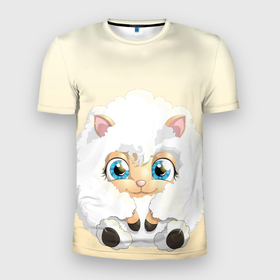 Мужская футболка 3D Slim с принтом Мультяшная овечка облако в Белгороде, 100% полиэстер с улучшенными характеристиками | приталенный силуэт, круглая горловина, широкие плечи, сужается к линии бедра | барашек | глазища | зверек | копытное | мех | облачко | овечка | овца | пушистик | рисунок | ферма