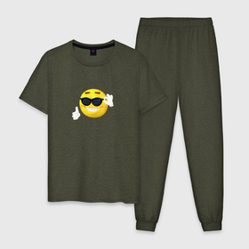 Мужская пижама хлопок с принтом Постироничный смайлик в Тюмени, 100% хлопок | брюки и футболка прямого кроя, без карманов, на брюках мягкая резинка на поясе и по низу штанин
 | mem | мем | постирония | смайлик в очках | эмодзи | юмор
