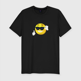 Мужская футболка хлопок Slim с принтом Постироничный смайлик в Белгороде, 92% хлопок, 8% лайкра | приталенный силуэт, круглый вырез ворота, длина до линии бедра, короткий рукав | mem | мем | постирония | смайлик в очках | эмодзи | юмор