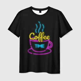 Мужская футболка 3D с принтом Время кофе (Неон) в Кировске, 100% полиэфир | прямой крой, круглый вырез горловины, длина до линии бедер | Тематика изображения на принте: coffee time | время кофе | дымящийся кофе | кофе | неон