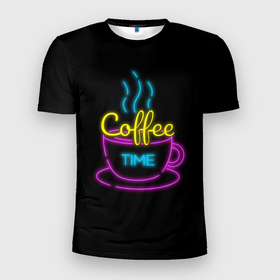 Мужская футболка 3D спортивная с принтом Время кофе (Неон) в Белгороде, 100% полиэстер с улучшенными характеристиками | приталенный силуэт, круглая горловина, широкие плечи, сужается к линии бедра | Тематика изображения на принте: coffee time | время кофе | дымящийся кофе | кофе | неон