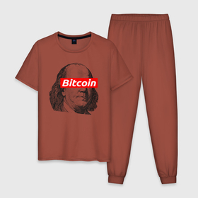 Мужская пижама хлопок с принтом БИТКОИН ФРАНКЛИН | BITCOIN  в Тюмени, 100% хлопок | брюки и футболка прямого кроя, без карманов, на брюках мягкая резинка на поясе и по низу штанин
 | Тематика изображения на принте: bitcoin | blockchain | btc | cardano | crypto | ethereum | franklin | polkadot | tether | xrp | бинанс | биткоин | блокчейн | валюта | деньги | криптовалюта | майнер | майнинг | франклин | цифровая валюта | цифровое золото | эфир