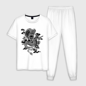 Мужская пижама хлопок с принтом ДРАКОН | DRAGON , 100% хлопок | брюки и футболка прямого кроя, без карманов, на брюках мягкая резинка на поясе и по низу штанин
 | Тематика изображения на принте: anime | china | dragon | japan | katana | samurai | smoke | snake | sword | tattoo | аниме | дракон | дым | змей | катана | китай | меч | самурай | тату | татуировка | япония