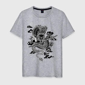 Мужская футболка хлопок с принтом ДРАКОН | DRAGON , 100% хлопок | прямой крой, круглый вырез горловины, длина до линии бедер, слегка спущенное плечо. | anime | china | dragon | japan | katana | samurai | smoke | snake | sword | tattoo | аниме | дракон | дым | змей | катана | китай | меч | самурай | тату | татуировка | япония