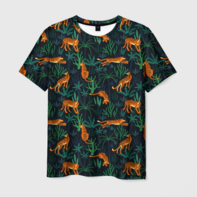 Мужская футболка 3D с принтом Паттерн из Тигров и Растений , 100% полиэфир | прямой крой, круглый вырез горловины, длина до линии бедер | black | cat | chill | relax | tiger | животные | коралловый | кот | кошки | лев | леопарды | отдых | паттерн | полосатый | полосы | растения | тигры | узор | цветы
